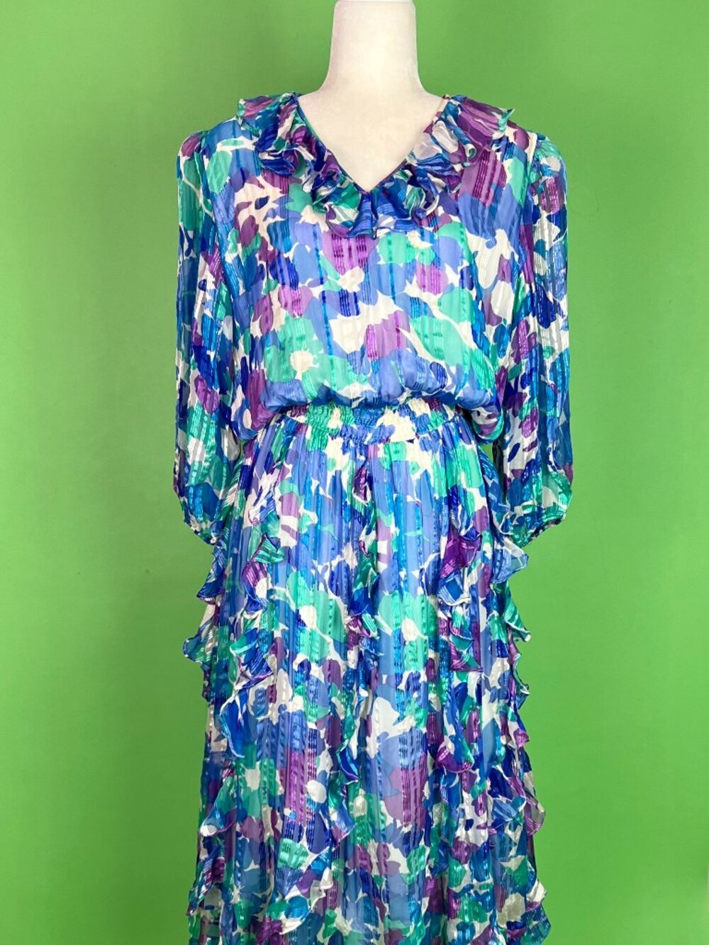 Vintage 80s Diane Freis Blue Purple White Ruffled Floral Dress Size Large